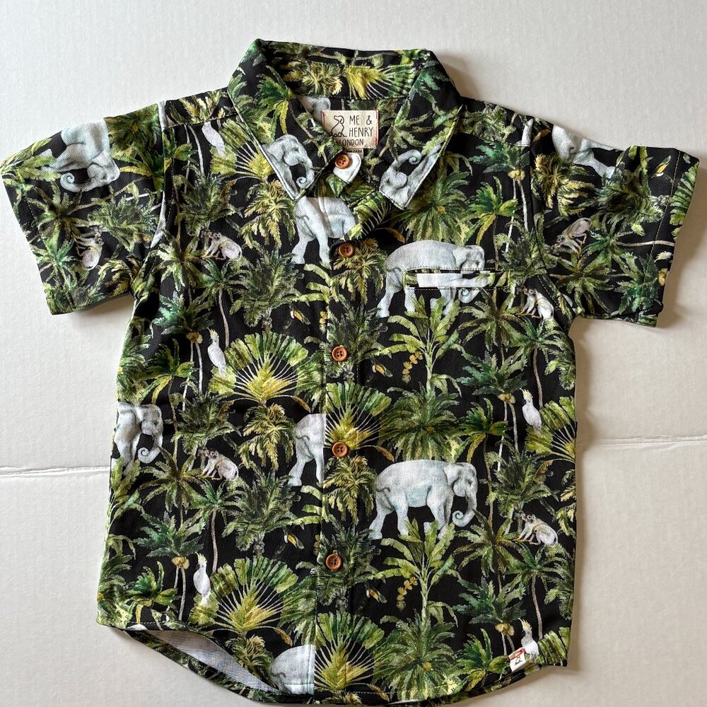 Me & Henry London Boys Elephant Jungle Button Up Shirt Size 5-6Y Cotton Safari P